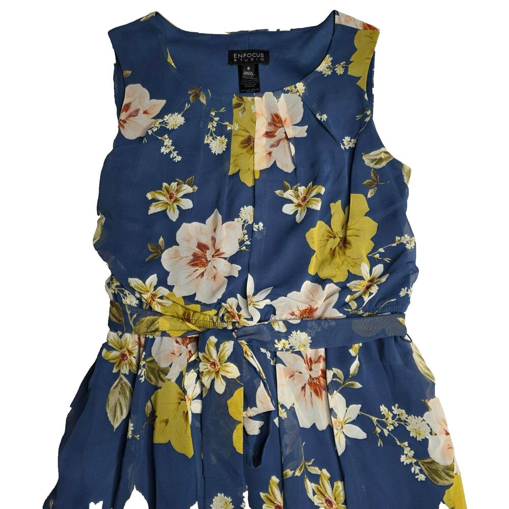 Enfocus Studio Womens 6 Blue Floral A‑Line Dress Sleeveless Belted Summer - Picture 6 of 16